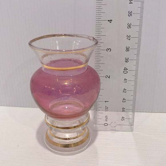 Vintage Cranberry & Clear Glass Mini Vase With Gold Trim - Picture 4 of 5